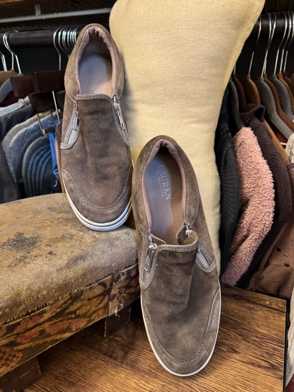Ralph Lauren Men’s Brown Suede Slip-On Loafers with Side Zips
